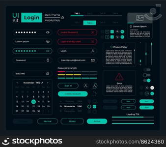 Login UI elements kit. Security setup isolated vector components. Flat navigation menus and interface buttons template. Web design widget collection for mobile application with dark theme. Login UI elements kit