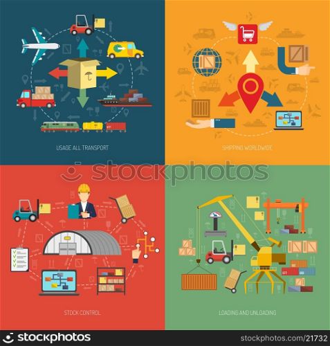 Logistic 4 flat icons square banner. International logistics worldwide freight delivery service concept 4 flat icons square composition banner abstract isolated vector illustration