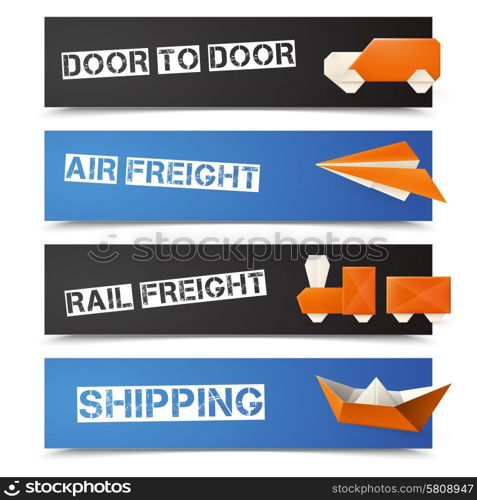 Logistic and freight banners horizontal set with origami transport isolated vector illustration. Origami Logistic Banners