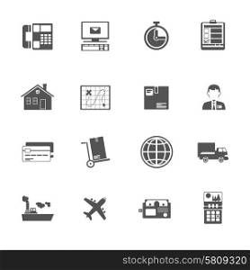 Logistic and shipping flat black and white icon collection isolated vector illustration.. Black and white logistic service icon.
