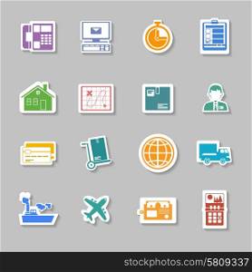 Logistic and shipping flat color sticker set collection isolated vector illustration. Color logistic service sticker