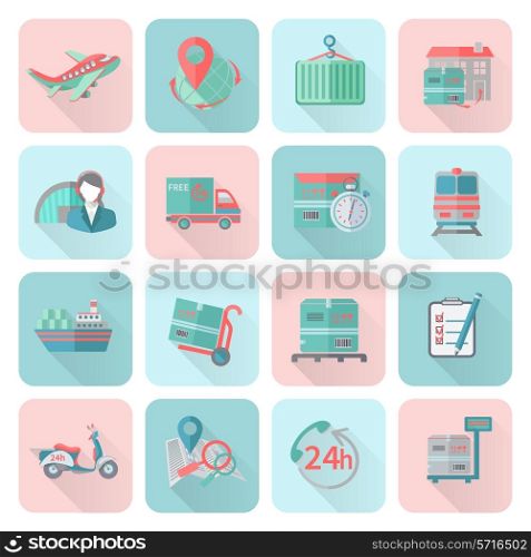 Logistic chain cargo global export freight shipping icons flat set isolated vector illustration.