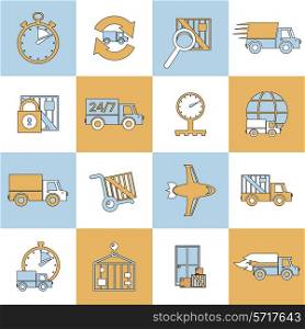 Logistic chain safety fragile package protection delivery transportation flat line icons set isolated vector illustration