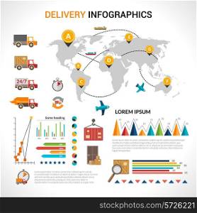 Logistic chain shipping freight service supply delivery infographics set with charts and world map vector illustration