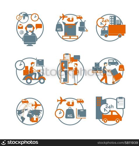 Logistic circle grey orange icons set. Logistic advanced international modern parcels delivery customer service concept circle stylized pictograms collection abstract isolated vector illustration
