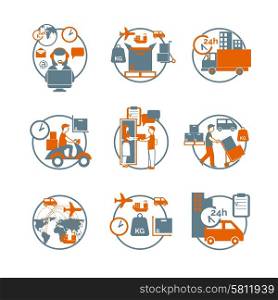 Logistic circle grey orange icons set. Logistic advanced international modern parcels delivery customer service concept circle stylized pictograms collection abstract isolated vector illustration