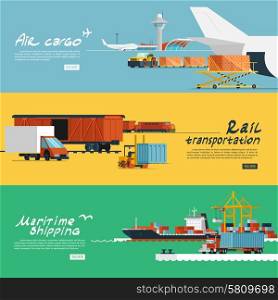 Logistic concept flat banners set of maritime rail and air transport delivery services abstract isolated vector illustration. Logistics flat horizontal banners set