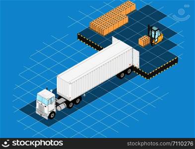 Logistic concept. Forklift and truck at the loading ramp. Isometric view. Flat vector.