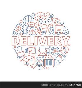 Logistic concept. Global delivery cargo service shipment thin line vector icon in circle shape. Illustration of delivery logistic, loading and delivering service. Logistic concept. Global delivery cargo service shipment thin line vector icon in circle shape