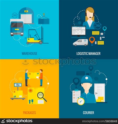 Logistic design concept set with warehouse manager and courier flat icons isolated vector illustration. Logistic Flat Set