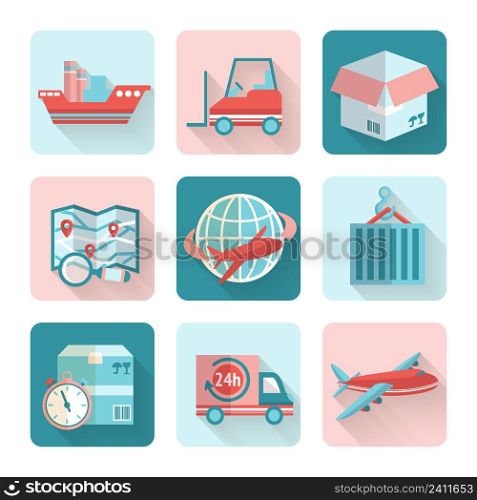 Logistic flat icons set of cargo ship delivery truck heavy box isolated vector illustration