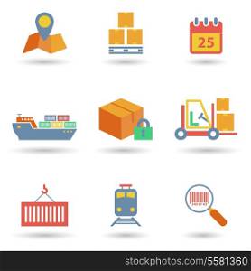 Logistic freight service flat icons set of cargo ship train isolated vector illustration
