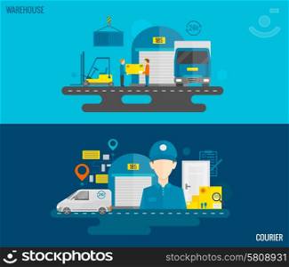Logistic horizontal banner set with warehouse and courier flat elements isolated vector illustration. Logistic Banner Set