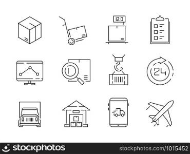 Logistic icon set. Warehouse delivery boxes containers and transport crane ship vector thin line symbols. Illustration of delivery transportation, box and container shipping. Logistic icon set. Warehouse delivery boxes containers and transport crane ship vector thin line symbols