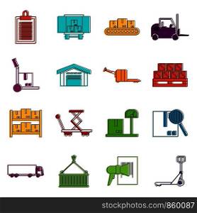 Logistic icons set. Doodle illustration of vector icons isolated on white background for any web design. Logistic icons doodle set