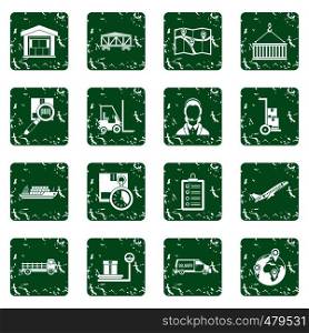 Logistic icons set in grunge style green isolated vector illustration. Logistic icons set grunge