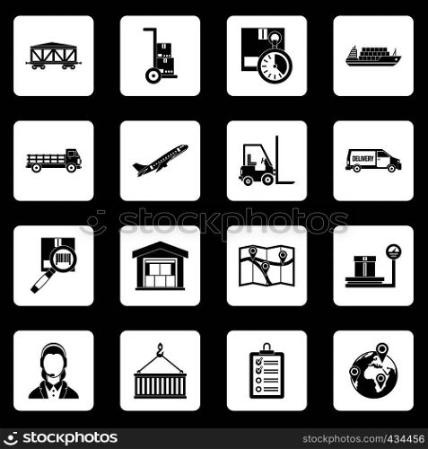 Logistic icons set in white squares on black background simple style vector illustration. Logistic icons set squares vector