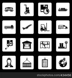 Logistic icons set in white squares on black background simple style vector illustration. Logistic icons set squares vector