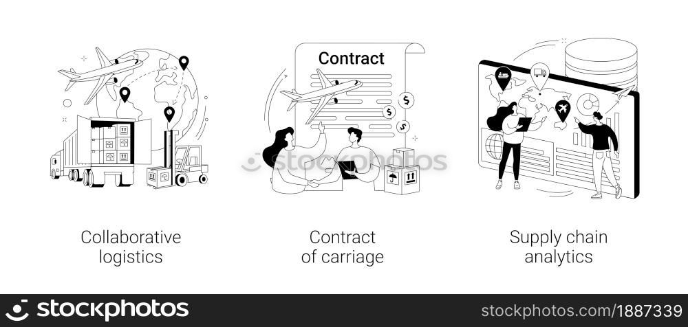 Logistic industry abstract concept vector illustration set. Collaborative logistics, contract of carriage, supply chain analytics, freight cost, cargo transportation, goods delivery abstract metaphor.. Logistic industry abstract concept vector illustrations.