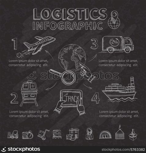 Logistic infographic set with chalkboard doodle shipping and transportation symbols vector illustration. Logistic Infographic Set