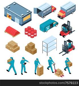 Logistic isometric set of warehouse delivery cargo transportation forklift racks and boxes isolated icons vector illustration