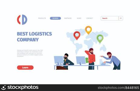 Logistic landing. Worldwide cargo team delivery organisation warehouse distribution export services garish vector web page template with place for text. Illustration of business worldwide global. Logistic landing. Worldwide cargo team delivery organisation warehouse distribution export services garish vector web page template with place for text