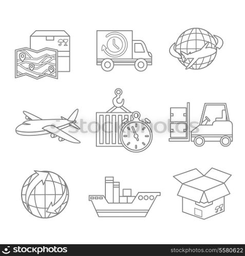 Logistic outline icons set of map 24h delivery and worldwide service symbol isolated vector illustration