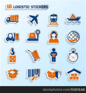 Logistic package transportation global urgent delivery stickers set vector illustration
