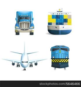Logistic realistic icons set of truck airplane train ship transport isolated vector illustration.