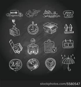 Logistic shipping freight service chalk board icons set isolated vector illustration