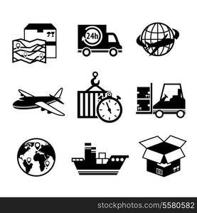 Logistic shipping freight service supply delivery black and white icons set isolated vector illustration