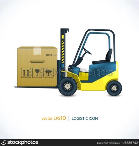 Logistic shipping realistic forklift loader with cardboard box isolated on white vector illustration