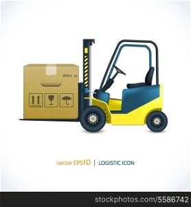 Logistic shipping realistic forklift loader with cardboard box isolated on white vector illustration
