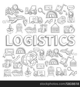 Logistic sketch concept with transportation and shipping commerce decorative icons set vector illustration. Logistic Sketch Concept