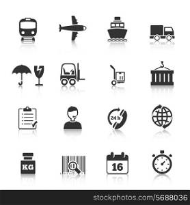 Logistic symbols of packing loading worldwide cargo transportation delivery service black icons set abstract isolated vector illustration
