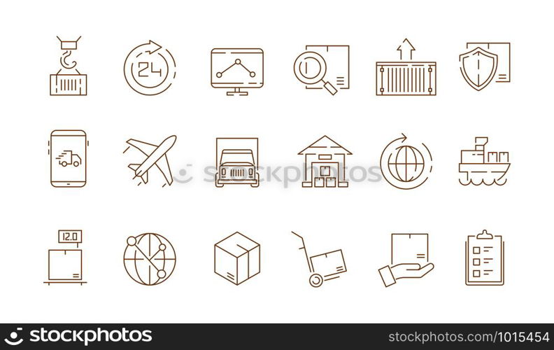 Logistic thin symbols. Delivering boxes and transport van free shipment sea freight vector outline icons collection. Illustration of delivery service, truck transport, transportation merchandise. Logistic thin symbols. Delivering boxes and transport van free shipment sea freight vector outline icons collection