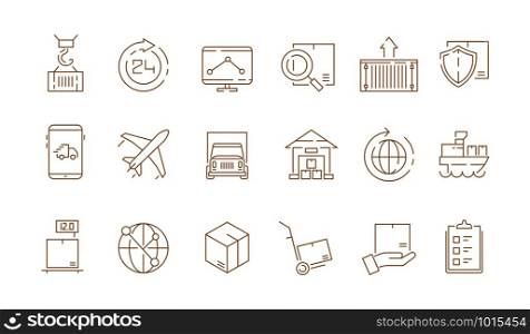 Logistic thin symbols. Delivering boxes and transport van free shipment sea freight vector outline icons collection. Illustration of delivery service, truck transport, transportation merchandise. Logistic thin symbols. Delivering boxes and transport van free shipment sea freight vector outline icons collection