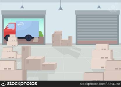 Logistic warehouse flat color vector illustration. Movements of goods and information within warehouses and distribution centers 2D cartoon interior with lots of boxes on background. Logistic warehouse flat color vector illustration