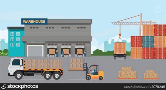 Logistic warehouse with storage truck, workers processes of transportation loading, vector illustration