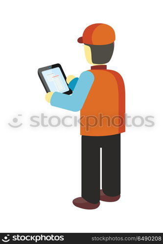 Logistician Manager Checks the Cargo Deivering.. Logistician checks the cargo deivering. Manager controls goods delivering to designated place. Equipment delivery process of warehouse. Loader man isolated on white. Business delivery of cargo. Vector