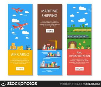 Logistics And Delivery Banners Set. Logistics and delivery vertical banners set with air cargo maritime shipping and rail transportation symbols flat isolated vector illustration