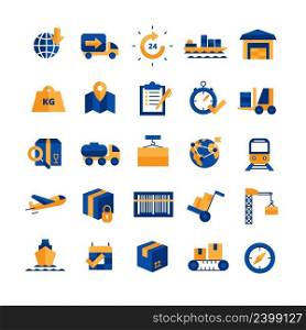  Logistics and delivery concept blue yellow icons set with time and transport symbols flat isolated vector illustration . Logistics Icons Set