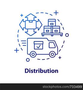Logistics and distribution concept icon. Delivery service idea thin line illustration. Shipment. Products transportation. Vector isolated outline drawing. Logistics and distribution concept icon