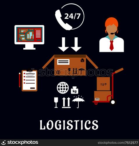 Logistics and shipping flat icons with call operator, 24 hours in 7 days customer service sign, monitor with navigation map, hand truck with boxes, packaging symbols, order list and delivery box. Logistics and delivery flat icons