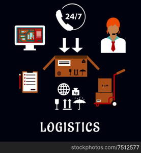 Logistics and shipping flat icons with call operator, 24 hours in 7 days customer service sign, monitor with navigation map, hand truck with boxes, packaging symbols, order list and delivery box. Logistics and delivery flat icons