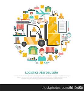 Logistics And Transportation Concept . Logistics and transportation concept with storage and delivery symbols flat vector illustration