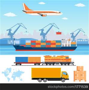 Logistics and transportation infographic elements. Transport industry concept. train, cargo ship and car are carrying goods. Logistics and transportation infographic elements