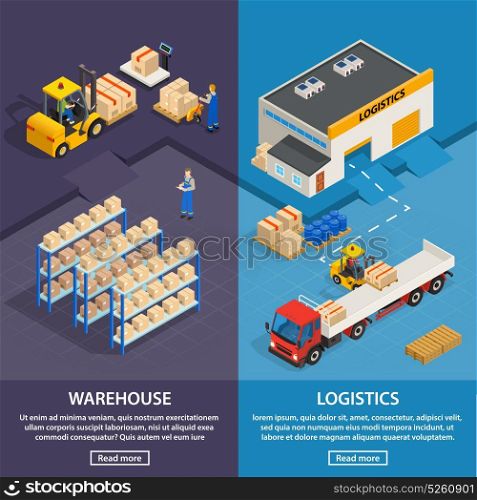Logistics And Warehouse Vertical Banners. Logistics and warehouse two vertical banners with workers racks with boxes and cargo transport isometric vector illustration