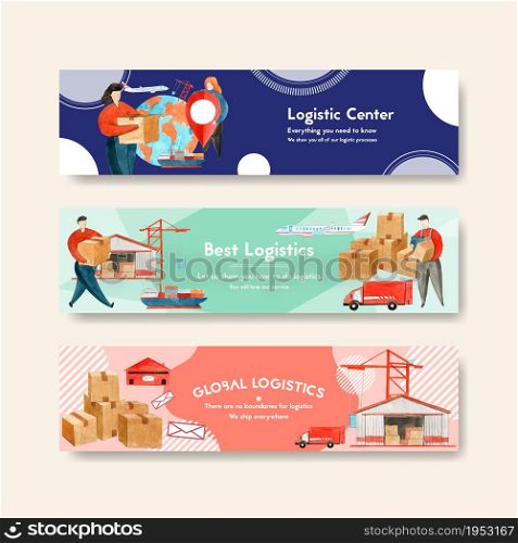Logistics banner design with car, boat, women watercolor illustration.