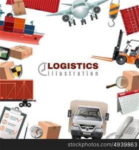 Logistics Colorful Template. Logistics colorful template with truck airplane ship crane phone boxes notepad forklift on white background vector illustration